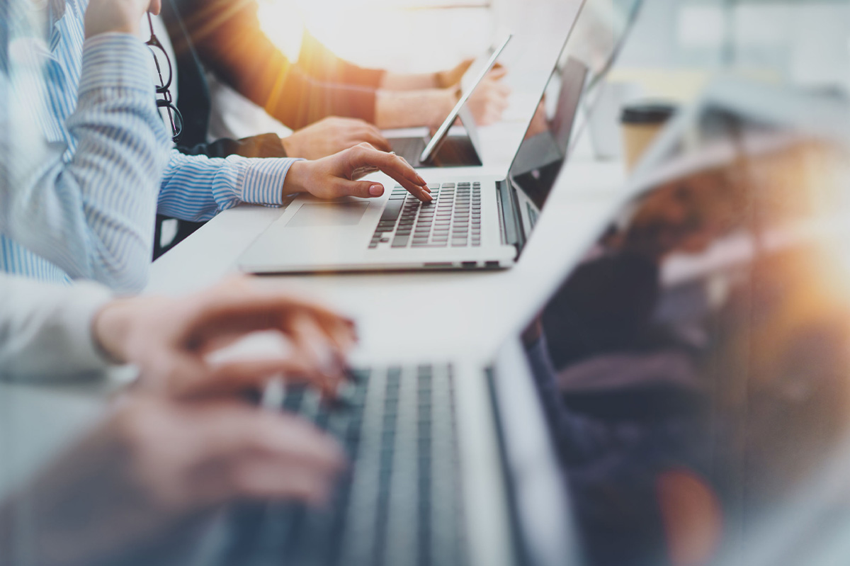 Warsztat szkoleniowy - grupa osób siedzących obok siebie pracujących na laptopach.